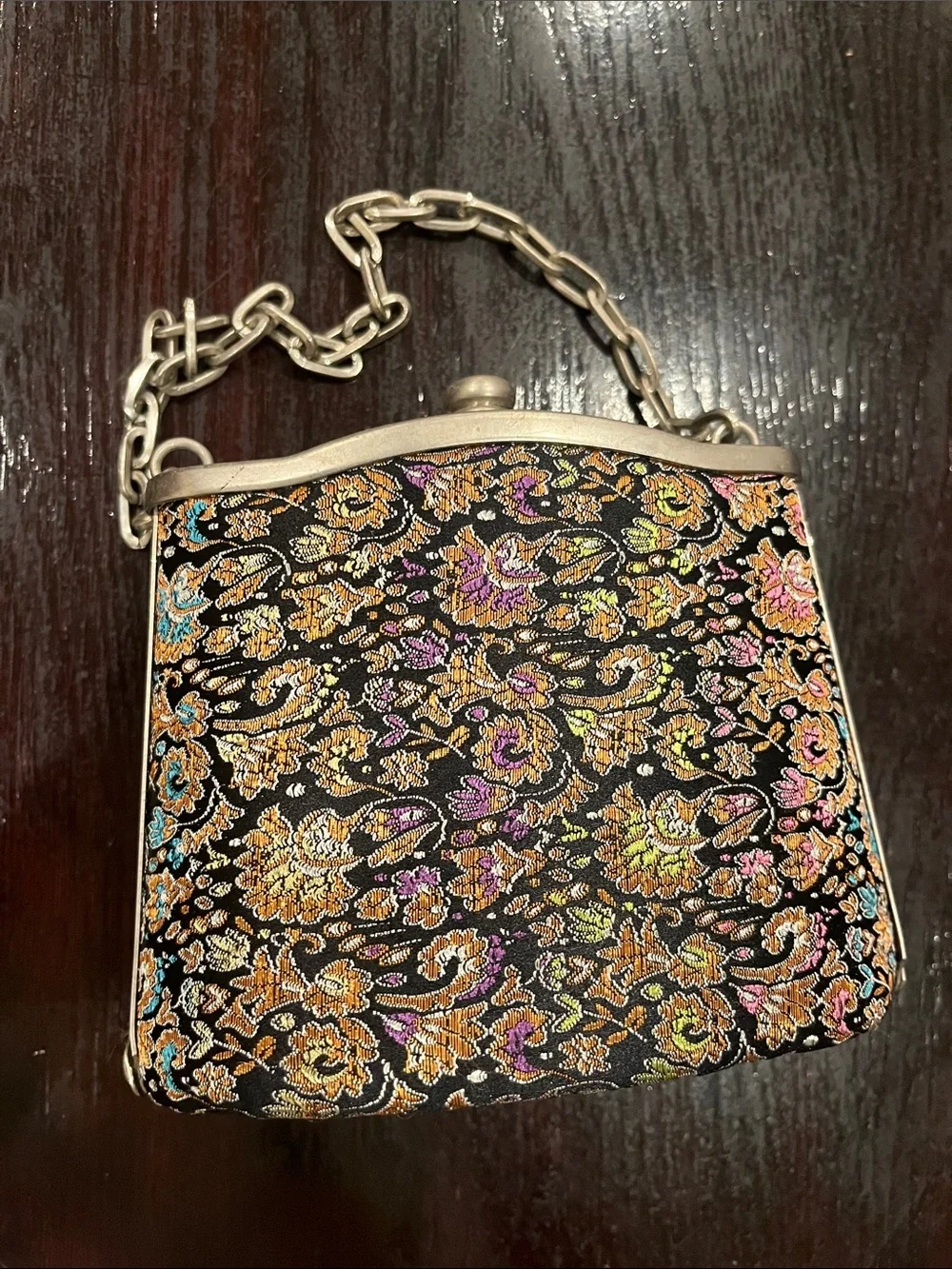 Multicolor Floral Brocade Evening Clutch with Silver Chain vintage